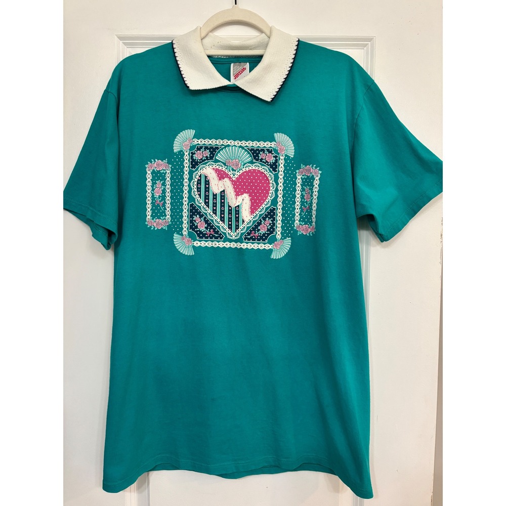 Vintage Jerzees Heart Floral Graphic T-Shirt Teal Green Knit Collar USA Made L